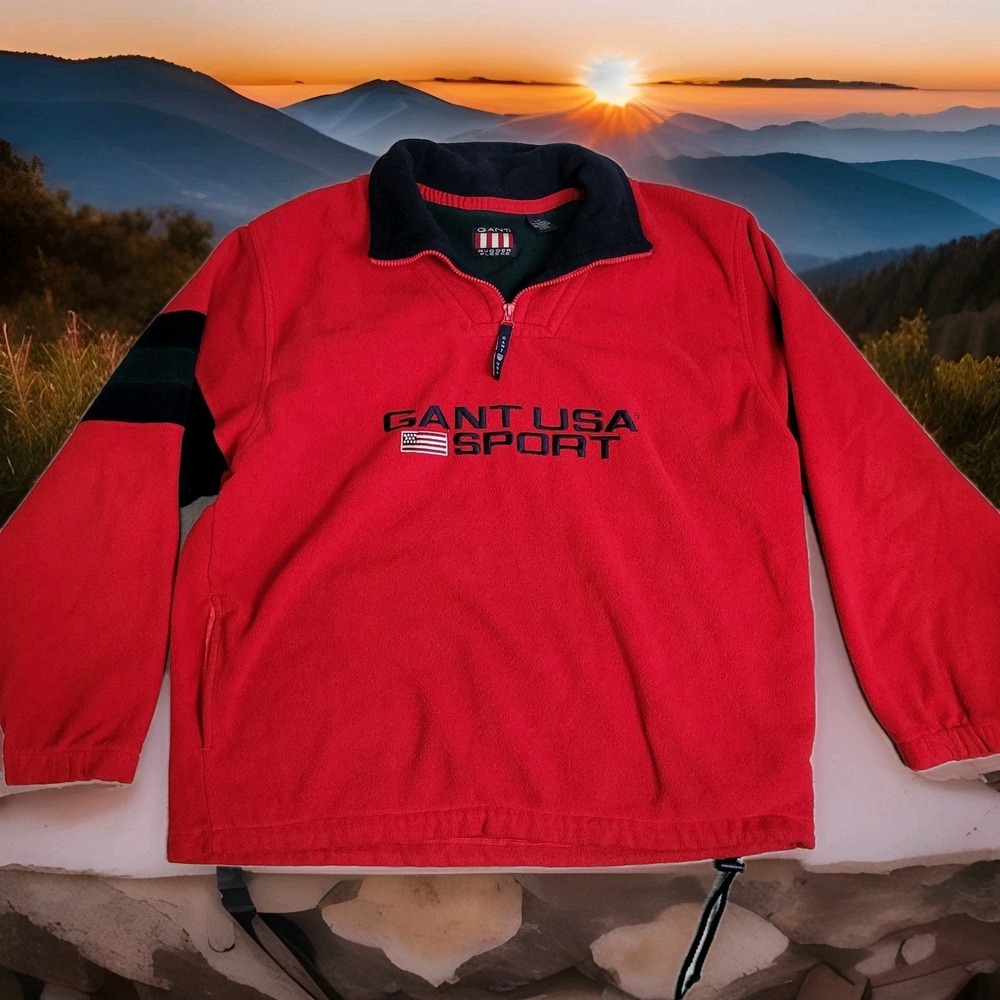 Vintage GANT Rugger Fleece Men's Large 1/4 Zip Red Gnat USA Sport Embroidered